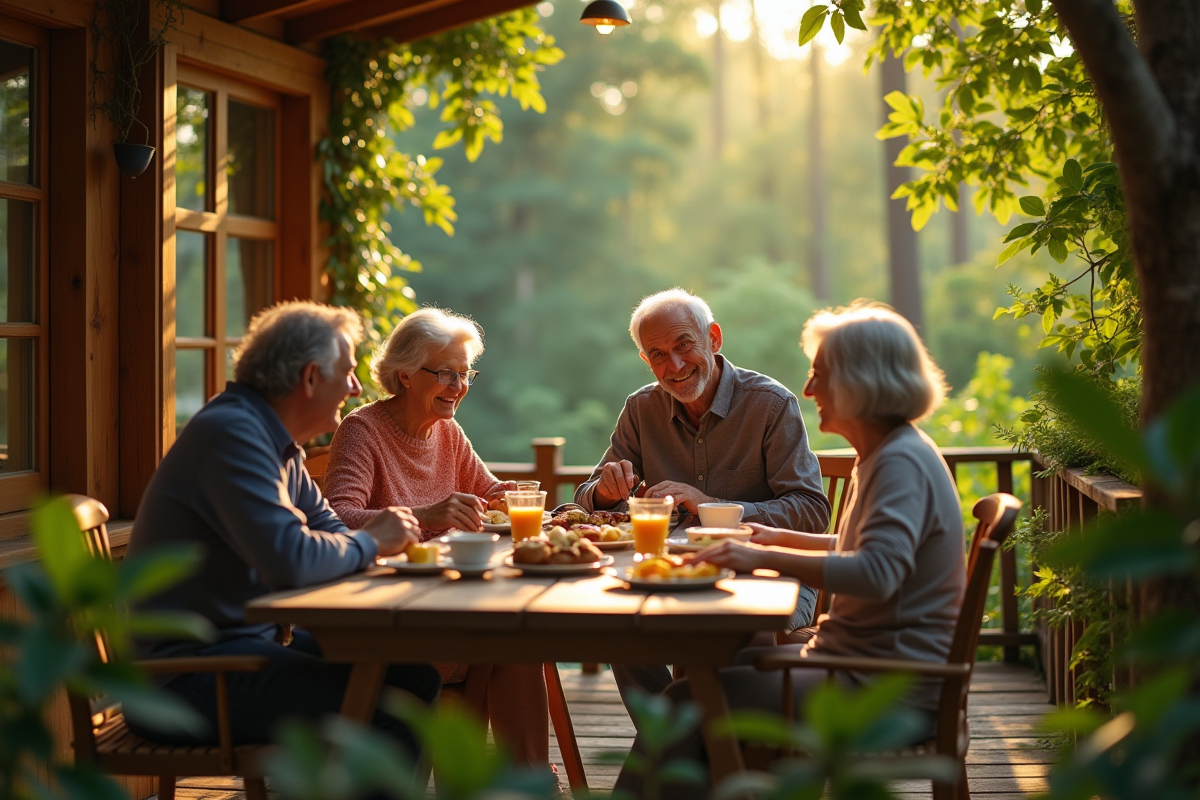 Famille multigenerational dans une cabane dans les arbres en forêt