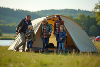 Famille de quatre installant une tente au bord de la rivière