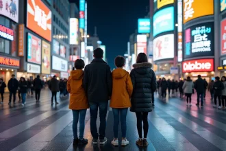 Famille souriante traversant le célèbre carrefour de Shibuya à Tokyo la nuit, entourée de néons colorés reflétés sur la chaussée mouillée