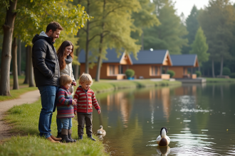 Famille au bord du lac dans la forêt de Centre Parcs