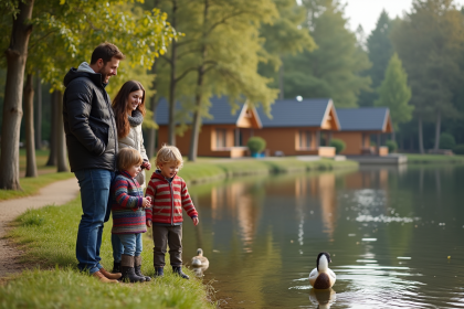 Famille au bord du lac dans la forêt de Centre Parcs