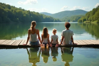 Famille profitant d'un lac en Corrèze lors de vacances IRIS, assis sur un ponton en bois entouré de forêts verdoyantes