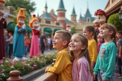 Famille souriante regardant un défilé coloré à Disney