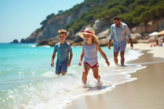 Famille jouant dans la mer turquoise à Palombaggia