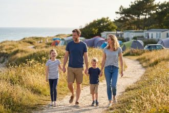 Famille heureuse marchant sur la plage près de Les Sables d'Olonne