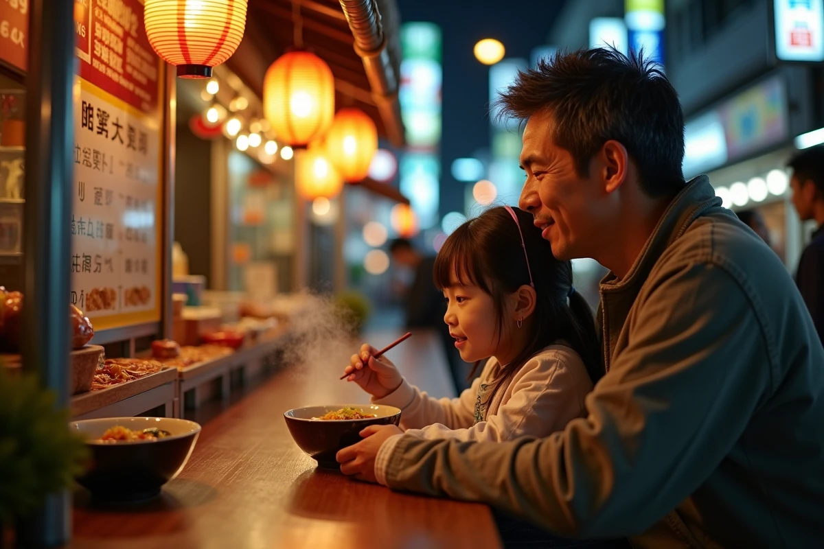Père et sa fille savourant un bol de ramen à un stand de rue nocturne dans le quartier Asakusa de Tokyo, entourés de lanternes et de vapeur