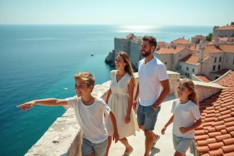 Famille se promenant sur les remparts de Dubrovnik avec vue sur la mer Adriatique en été