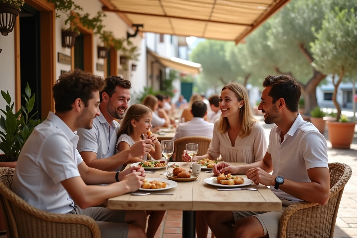 Famille dégustant des spécialités locales en terrasse d'un restaurant traditionnel majorquin à Palma