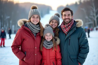 Famille souriante au ski en hiver avec neige et arbres