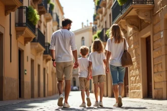Famille explorant les ruelles historiques en pierre de Palma de Majorque avec la cathédrale en arrière-plan