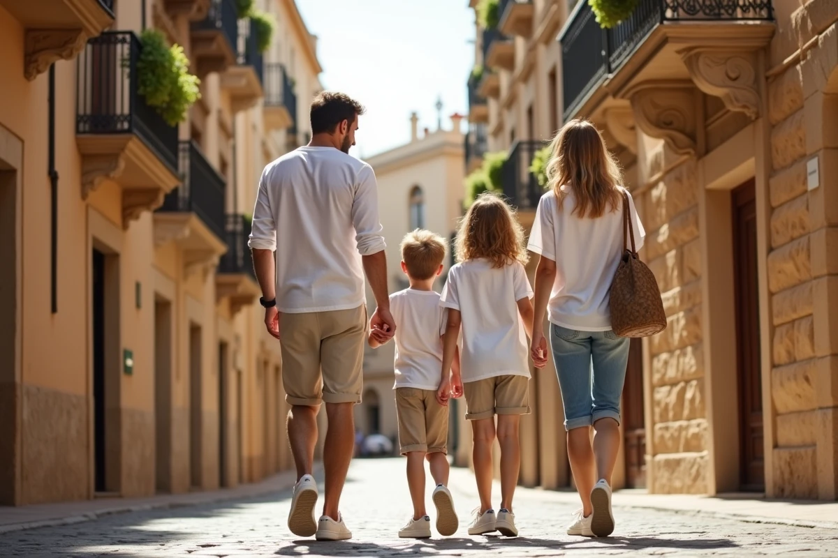 Famille explorant les ruelles historiques en pierre de Palma de Majorque avec la cathédrale en arrière-plan