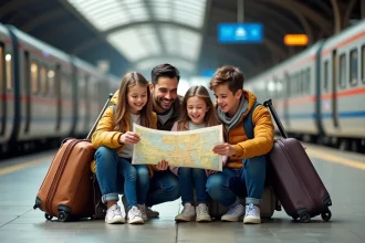 Famille souriante avec valises sur plateforme de train en Europe