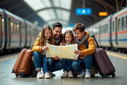 Famille souriante avec valises sur plateforme de train en Europe