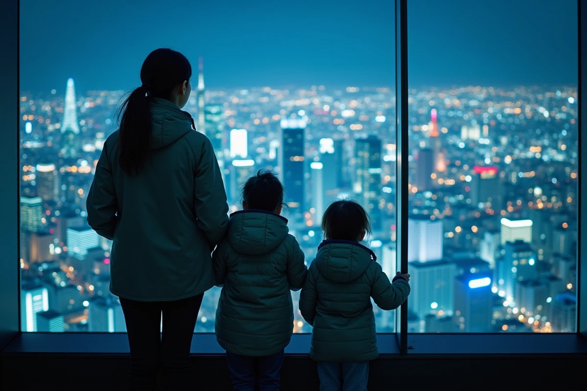 Mère et ses deux enfants admirant le panorama nocturne de Tokyo depuis une terrasse d'observation, émerveillés par les gratte-ciels illuminés