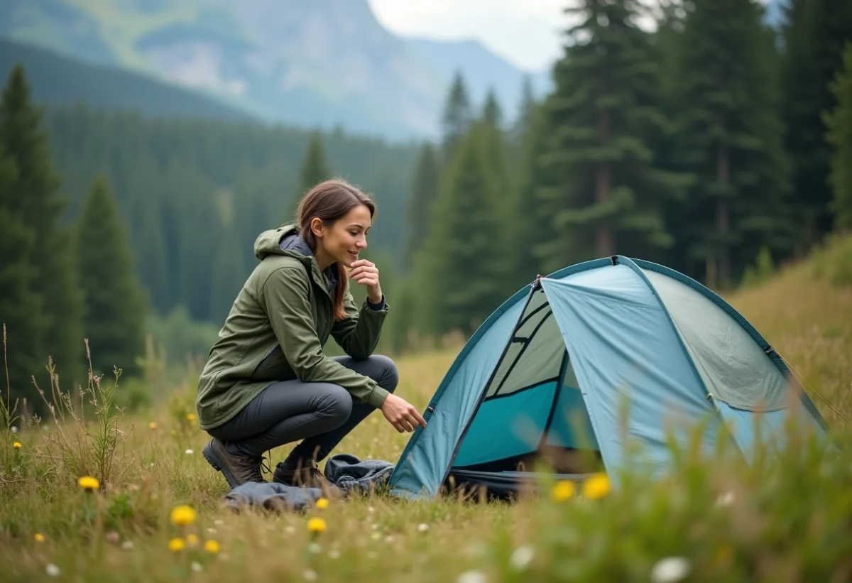 Jeune femme en randonnée inspectant des tentes en forêt