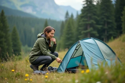 Jeune femme en randonnée inspectant des tentes en forêt