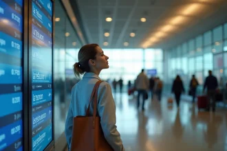 Femme dans un aéroport parisien regardant le tableau des départs pour un vol vers La Réunion