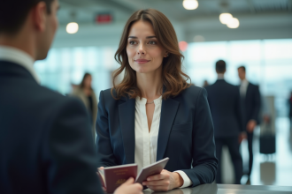 Femme d affaires à l aéroport avec passeport et billet