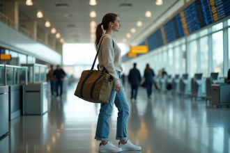 Femme en voyage à l'aéroport avec sac weekender stylé