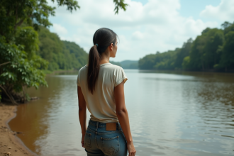 Femme brésilienne regardant lAmazonie depuis la rive