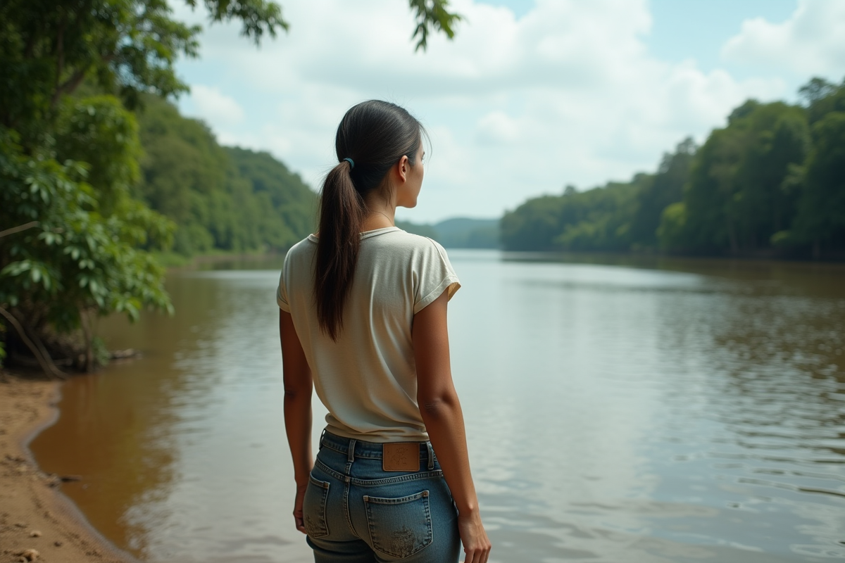 Femme brésilienne regardant lAmazonie depuis la rive