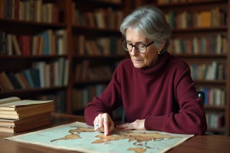 Femme consultant un atlas vintage dans une bibliothèque universitaire, illustrant la recherche sur les noms de pays et villes commençant par X