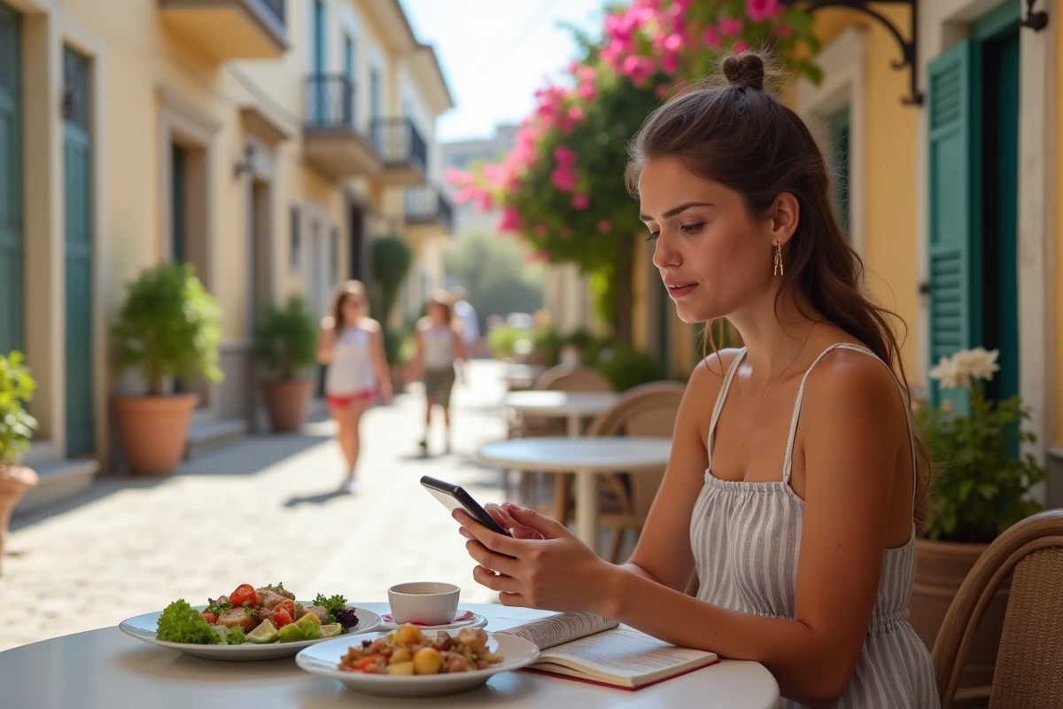Jeune femme au café à Kythira avec repas traditionnel