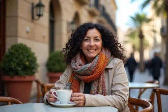 Femme méditerranéenne assise en café à Valletta avec écharpe colorée