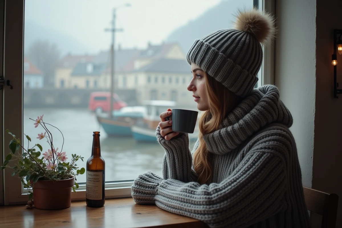 Jeune femme dans un café regardant par la fenêtre