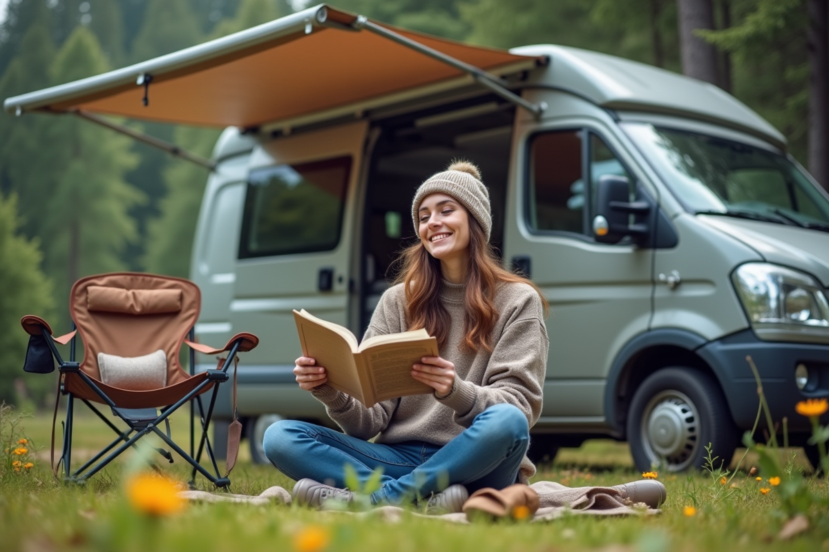 Jeune femme lisant un guide de voyage près d un van dans les Alpes