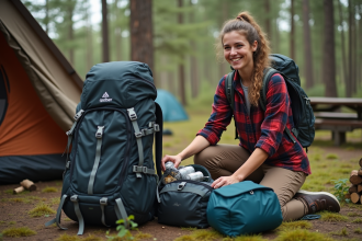 Jeune femme organisant son sac de camping en forêt