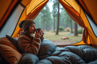 Jeune femme souriante dans une tente en forêt
