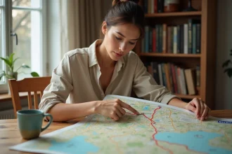 Femme consultant une carte Michelin dépliée sur une table en bois, cherchant son itinéraire avec attention