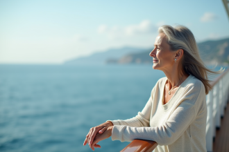 Femme en croisière regardant l'horizon détendue