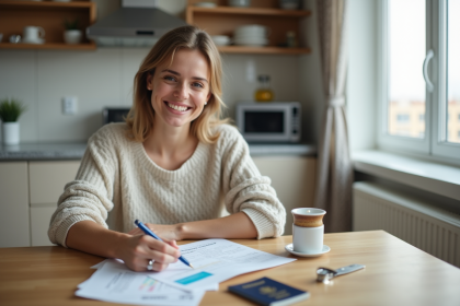 Femme souriante remplissant des documents de sante chez elle