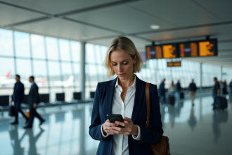 Femme d'âge moyen vérifiant son smartphone à l'aéroport