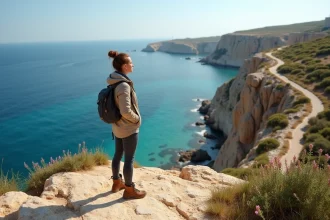 Femme sur une falaise à Gozo regardant la mer bleue