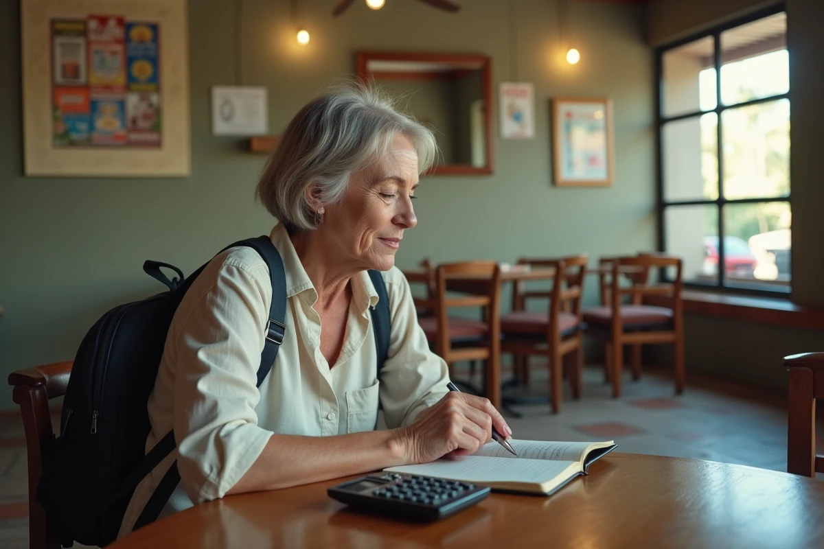 Femme française regardant son budget dans un lobby à Manille