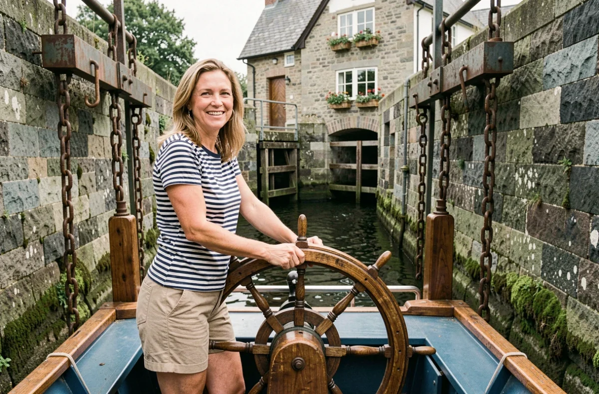 Femme tenant le gouvernail d'une péniche lors du passage d'une écluse en pierre moussue sur un canal français