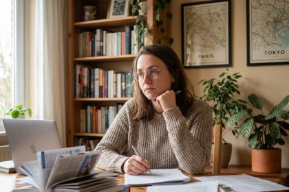 Femme concentrée dans son bureau à domicile avec livres et ordinateur