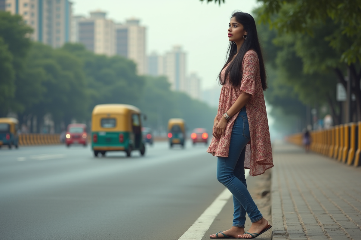 Jeune femme indienne attendant sur une avenue de Mumbai