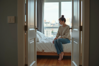 Femme inquiète dans une chambre Airbnb endommagée