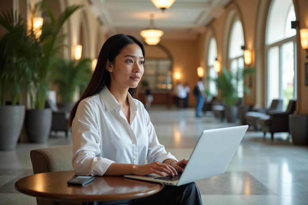 Jeune femme professionnelle tapant sur son ordinateur dans un lobby d