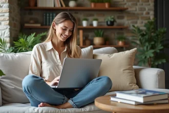 Jeune femme lisant un blog de voyage dans un salon chaleureux