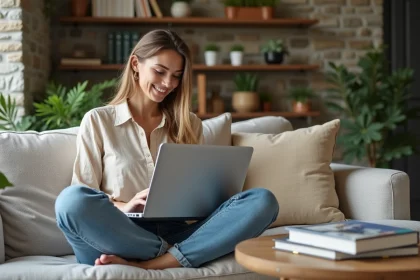 Jeune femme lisant un blog de voyage dans un salon chaleureux
