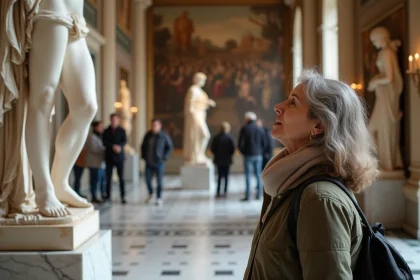 Femme curieuse observant une sculpture dans un musée européen