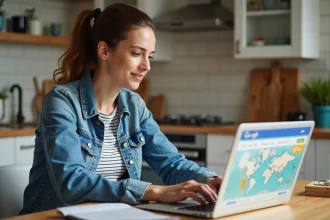 Femme en denim explore Google Flights à la maison