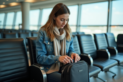 Femme dans l’aéroport organise son chargeur dans son sac