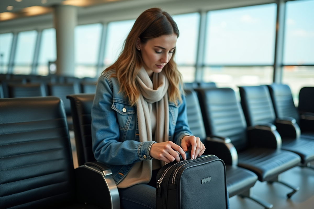Femme dans l’aéroport organise son chargeur dans son sac