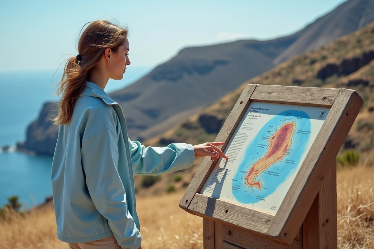 Jeune femme consultant un panneau d'information géologique volcanique sur l'île de Stromboli dans les îles Éoliennes en Italie